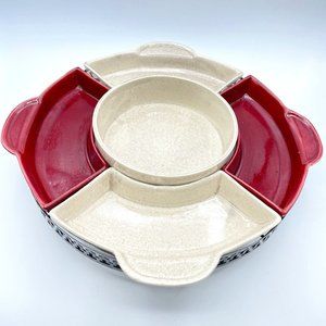 Vintage Red Beige Marsh California Pottery Metal Lazy Susan Chip & Dip Set USA
